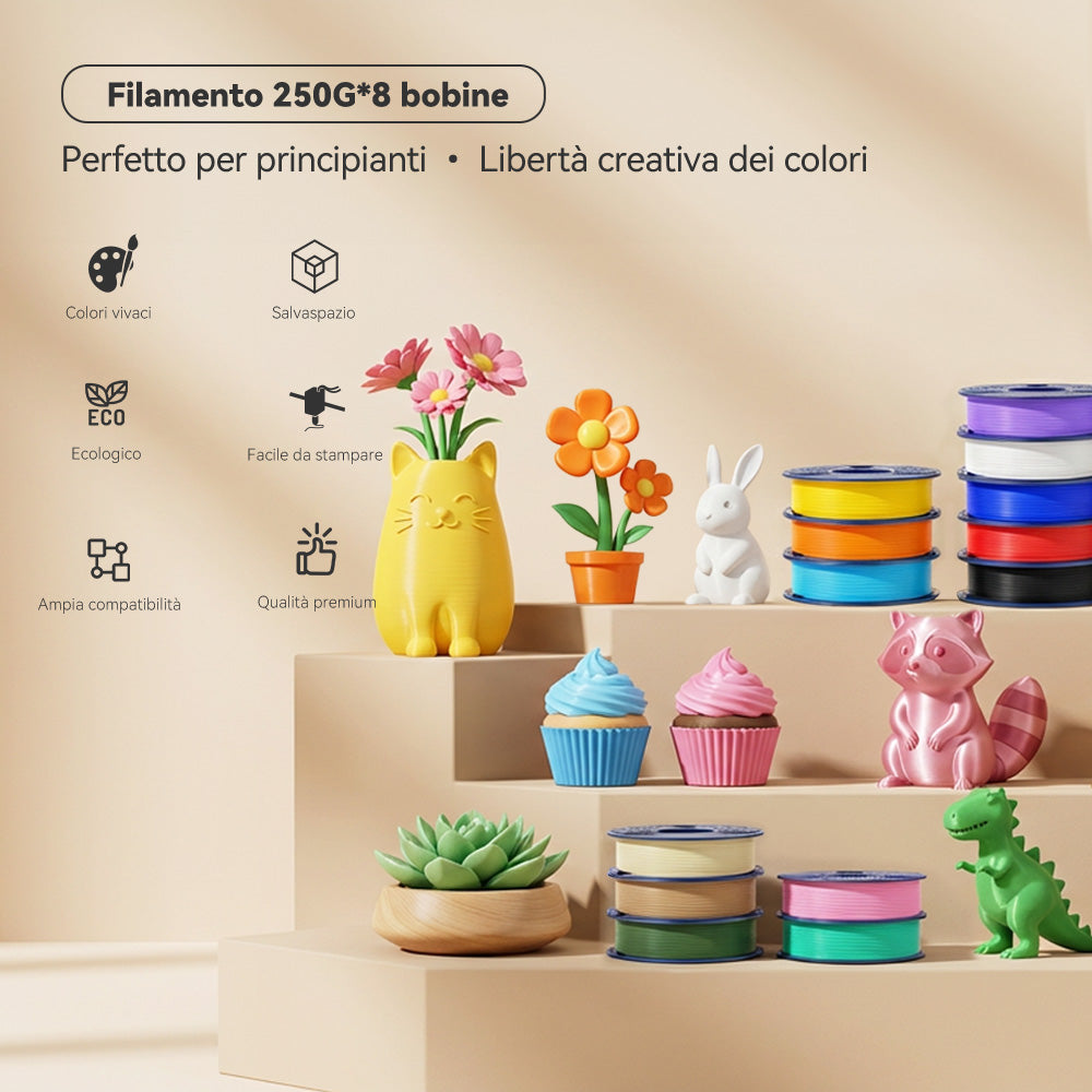250g di Filamento, PLA, PLA+, PLA+2.0, PLA Meta Filament 250g*8 Rotoli, 0.25kg per Bobina, Confezione da 8, Totale 2kg, Mini Bobina per Stampanti 3D.