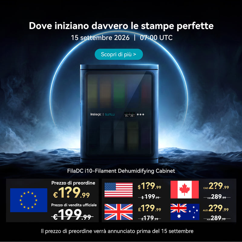 Immagine promozionale dell’armadio deumidificatore per filamenti inslogic x SUNLU FilaDC i10, presentato su una superficie scura e nebbiosa con un anello luminoso blu sullo sfondo.