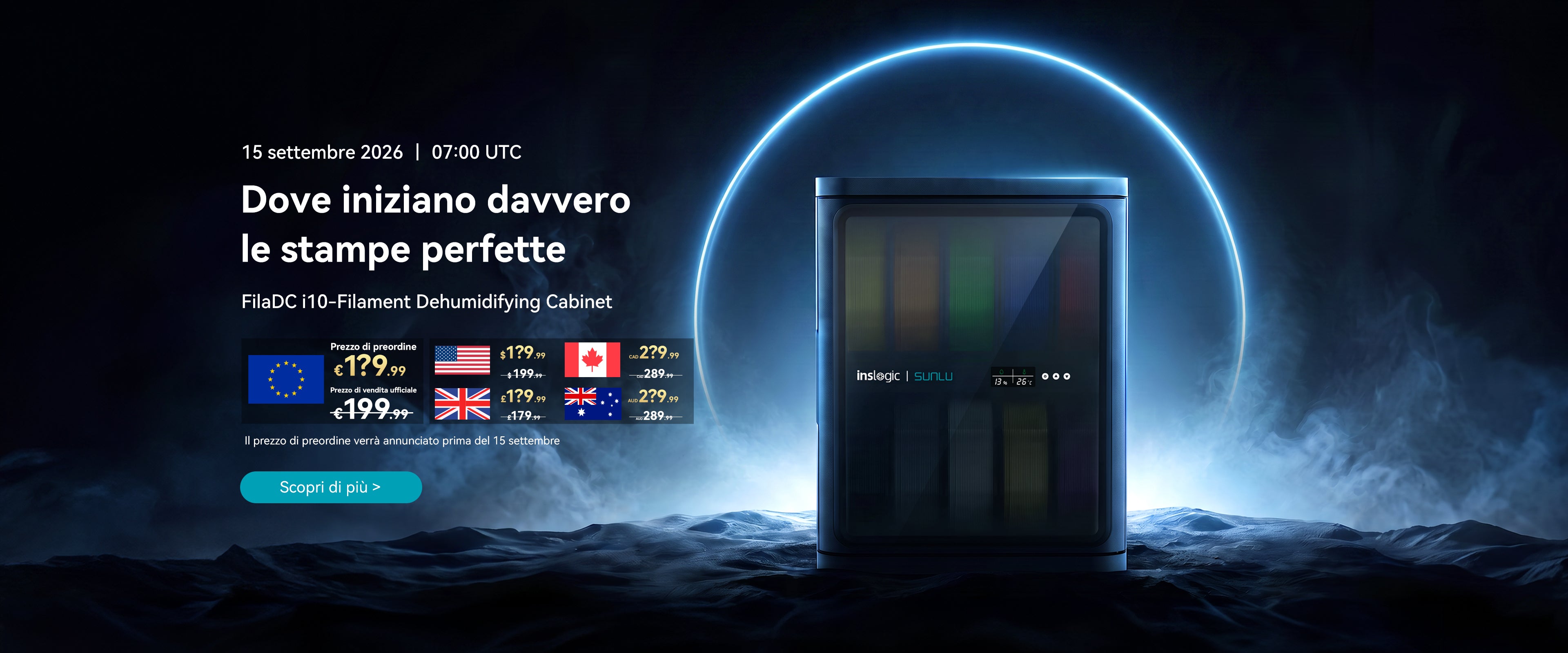 Immagine promozionale dell’armadio deumidificatore per filamenti inslogic x SUNLU FilaDC i10, presentato su una superficie scura e nebbiosa con un anello luminoso blu sullo sfondo.